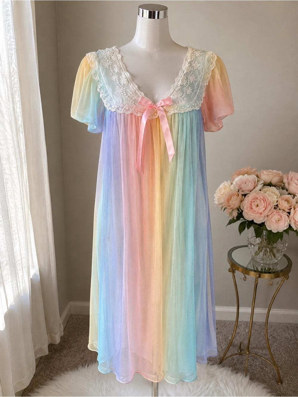 Pastel Rainbow Lace-Trim Nightdress with Bow
